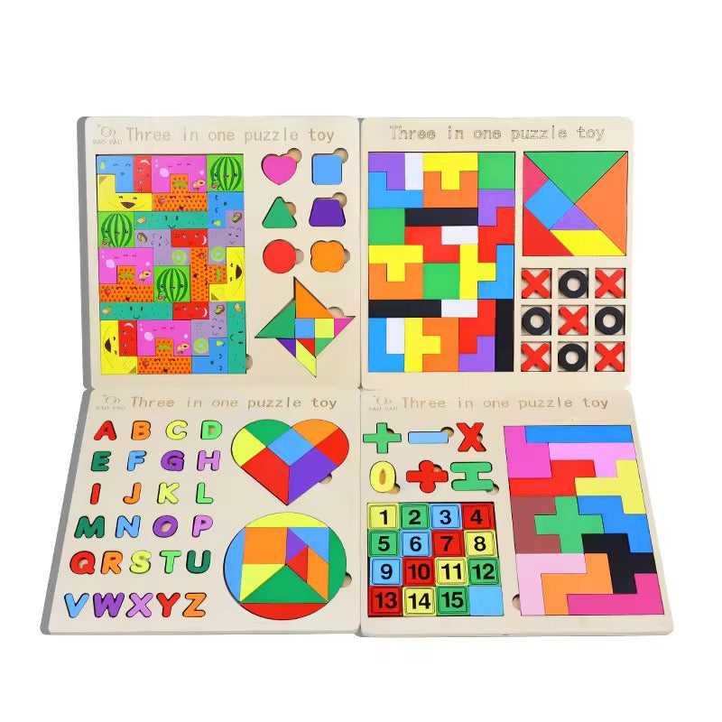 3-in-1 Wooden Puzzle Set | ABC, Shapes & 3D Game for Kids