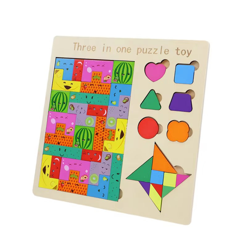3-in-1 Wooden Puzzle Set | ABC, Shapes & 3D Game for Kids