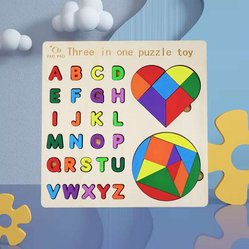 3-in-1 Wooden Puzzle Set | ABC, Shapes & 3D Game for Kids